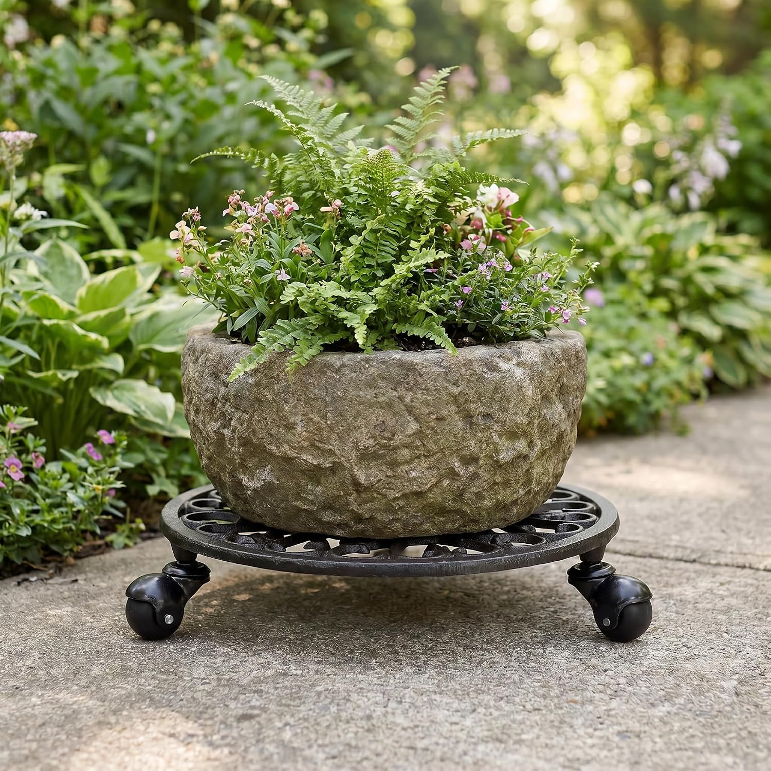 Fasmov Plant Caddy Cast Iron Plant Stand Plant Pallet Caddy Plant Pot with Heavy Duty Wheels Indoor Outdoor Planter