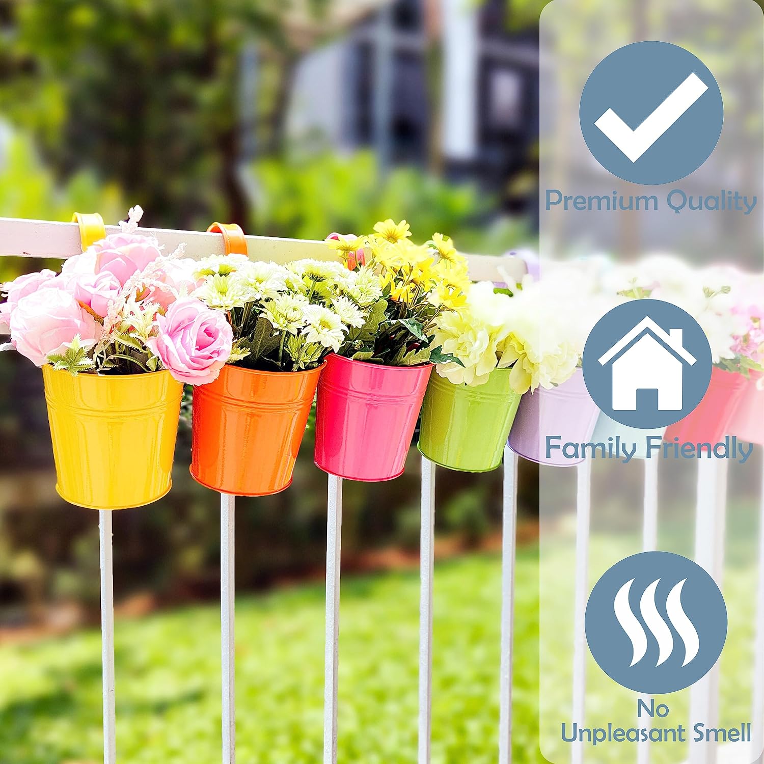 LaLaGreen Hanging Planters Outdoor -10 Pack, 6 Inch Colorful Large Metal Flower Pot, Balcony Planters Railing Hanging