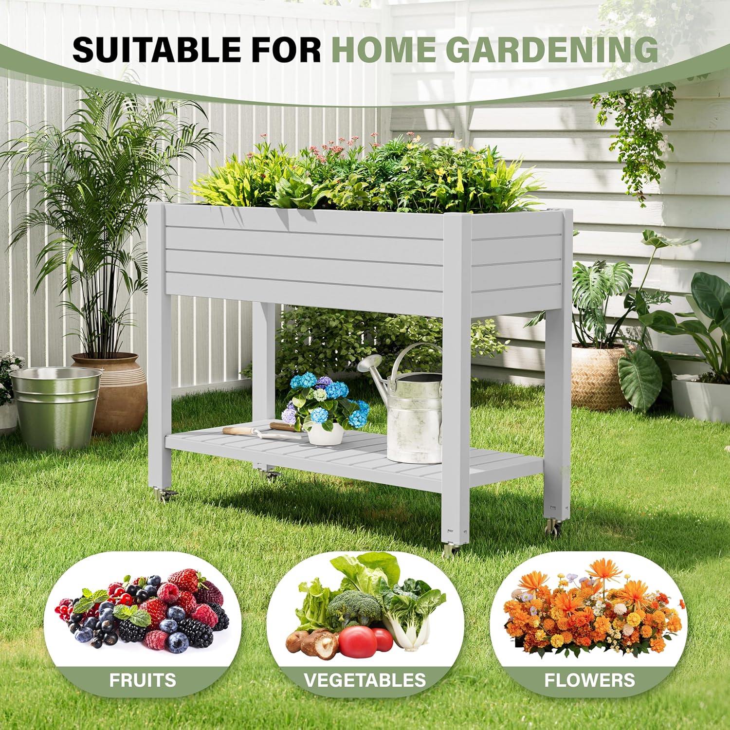 Elevate 33.7" Tall Raised Garden Bed with Wheels, Divisible Resin Planter Box with Drainage Gauge & Storage Shelf, Herb