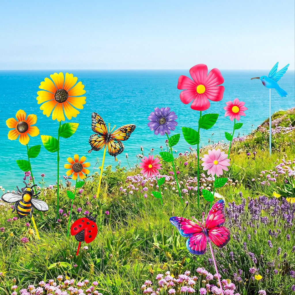13 Pack Garden Decor for Outside, Metal Flowers Insects Bird Decorative Garden Stakes for Spring Decor, Gardening Gifts