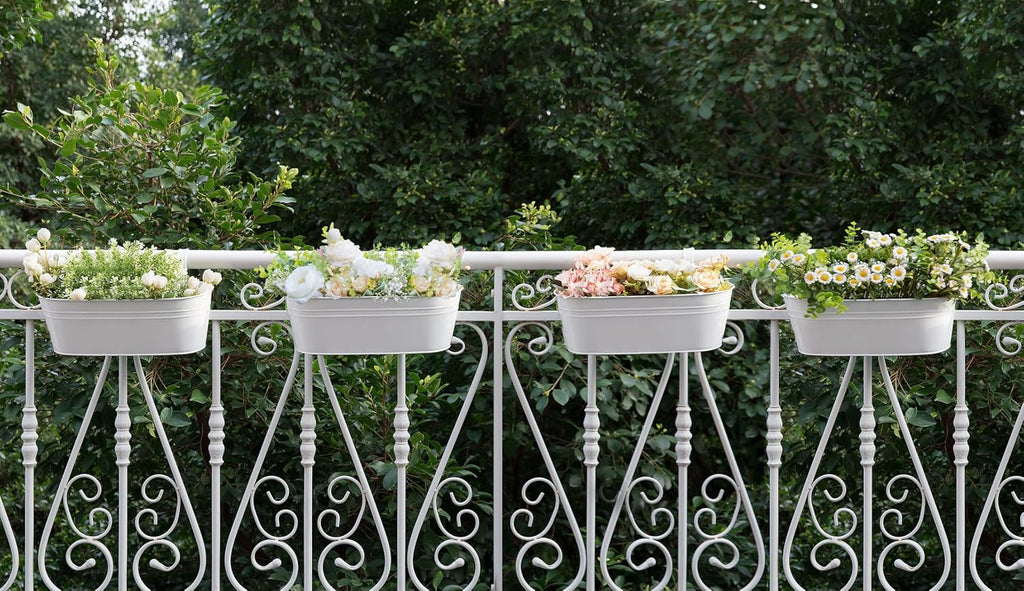 Dahey 15 Inches Railing Planter Box 4 Pcs Metal Hanging Flower Pots, White | 2.7" Width Detachable Hooks, Outdoor