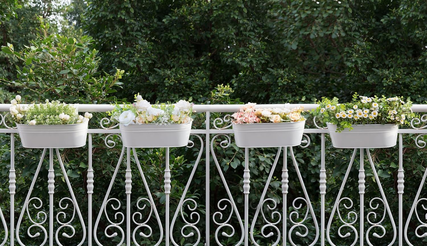 Dahey 15 Inches Railing Planter Box 4 Pcs Metal Hanging Flower Pots, White | 2.7" Width Detachable Hooks, Outdoor