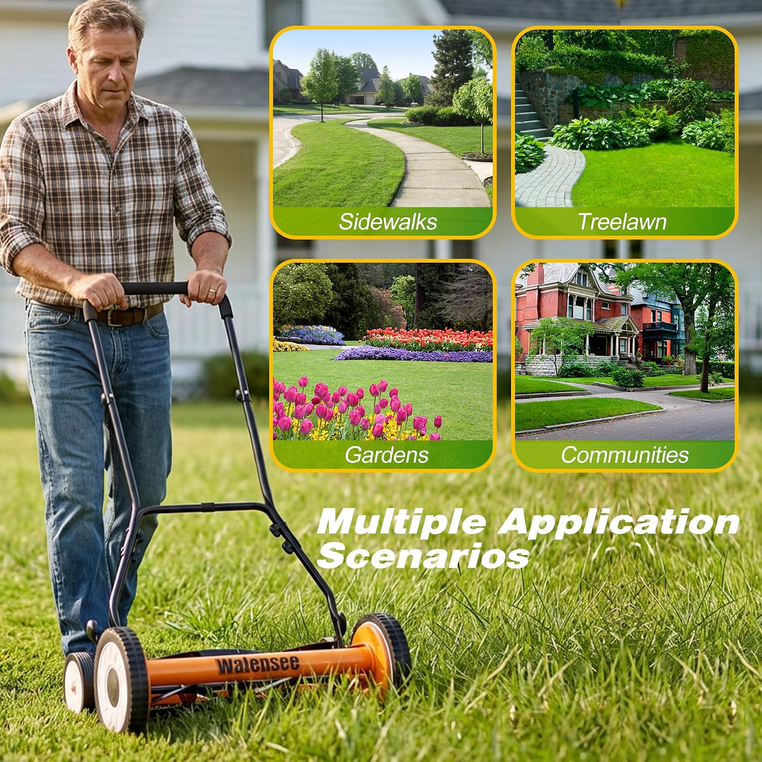 Walensee 18-Inch Manual Lawn Mower, 5-Blade Push Reel, 9 Heights | Precision-Ground Alloy-Steel Blades Deliver Clean