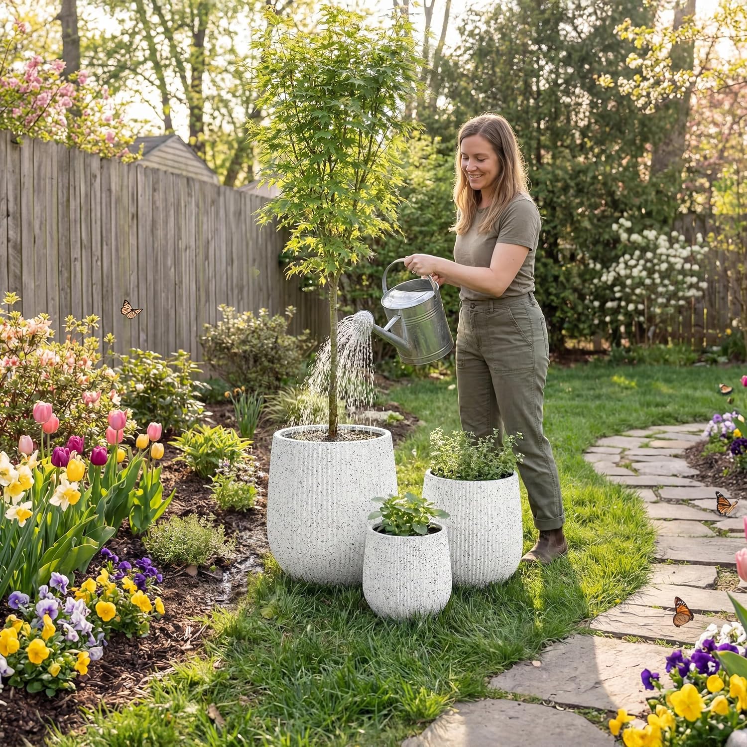 DTY Signature Mount Wilson Modern Indoor Outdoor Fiberstone Tapered Planter, Lightweight, Weather Resistant Garden Pot