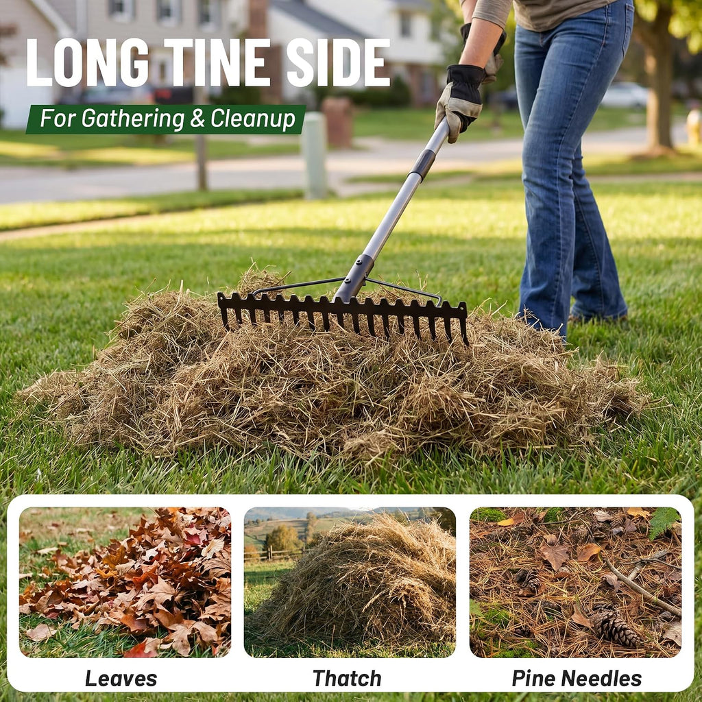 Walensee Heavy Duty Dual-Sided Bow Rake, 63" Stainless Steel Handle, Heat-Treated Manganese Steel Head, 17 Steel Tines