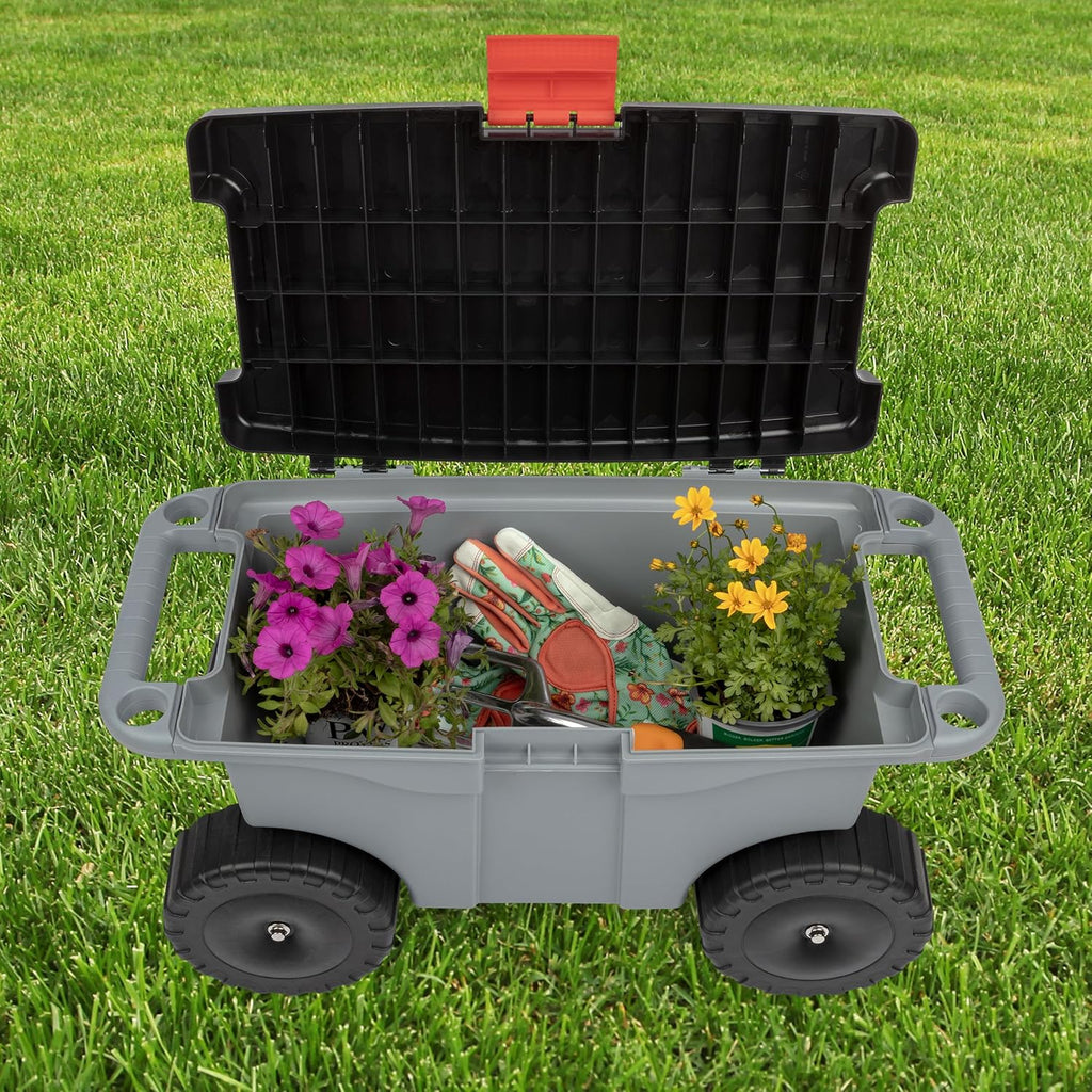 Pure Garden Rolling Garden Cart with Seat, Gray | Plastic Gardening Stool Bench with Interior Garden Tool Storage Tray