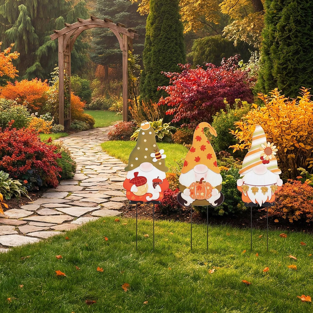 3 Pcs Fall Gnome Stakes Metal Autumn Garden Decor for Outside | Yard Signs Outdoor Decor Harvest Welcome for