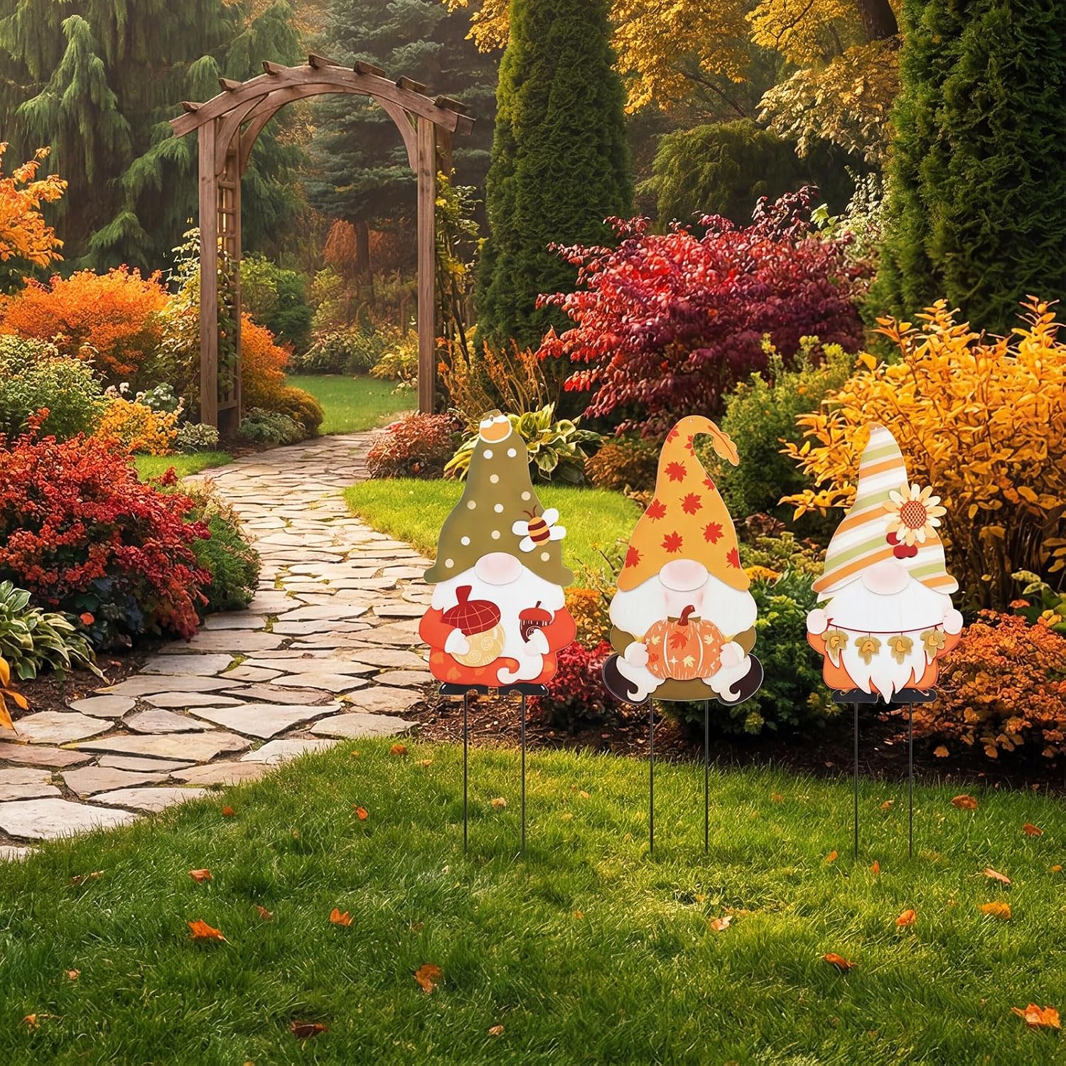 3 Pcs Fall Gnome Stakes Metal Autumn Garden Decor for Outside | Yard Signs Outdoor Decor Harvest Welcome for