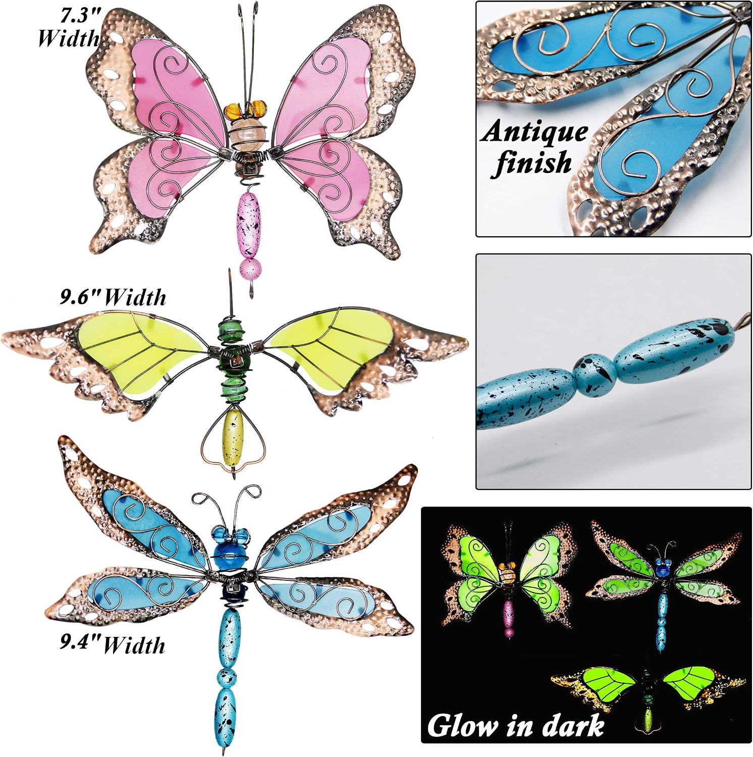 Juegoal 34 Inch Butterfly Garden Stakes Decor, Dragonfly Hummingbird Stakes, Glow in Dark Metal Yard Art for Mom