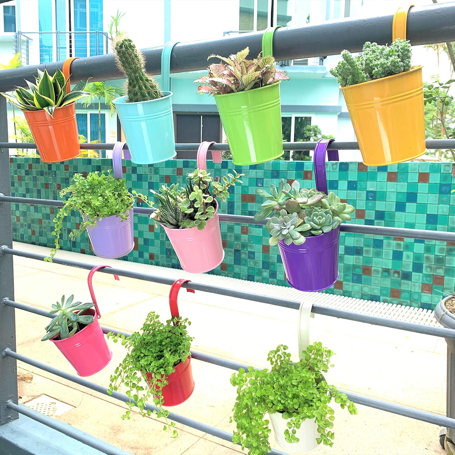 LaLaGreen Hanging Planters Outdoor -10 Pack, 6 Inch Colorful Large Metal Flower Pot, Balcony Planters Railing Hanging