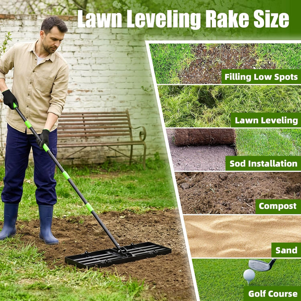 GARDTECH 30x10 Inch Lawn Leveling Rake Heavy Duty Adjustable Handle Yard Tool – Reinforced Steel Landscape Rake for