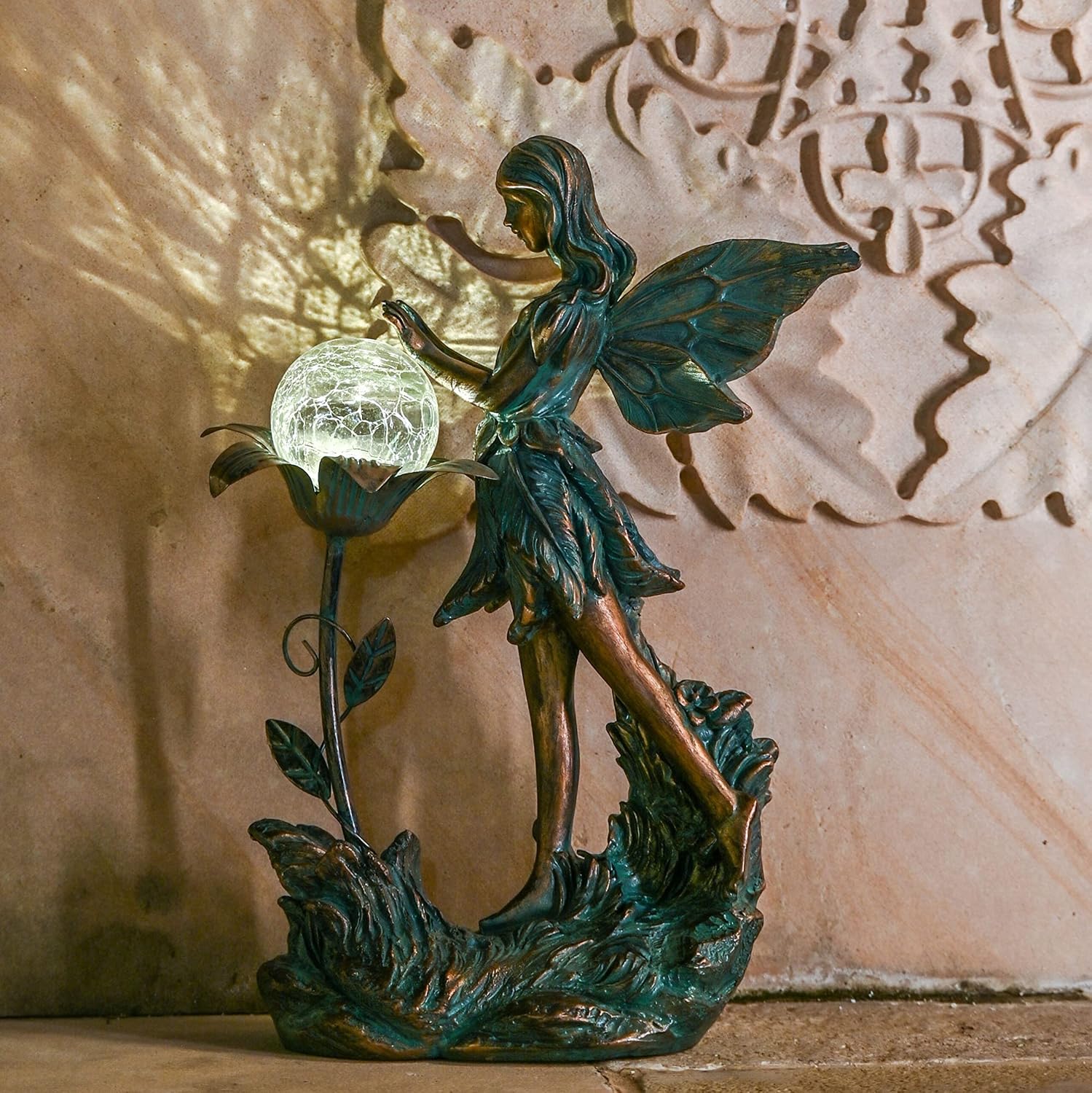TERESA'S COLLECTIONS Garden Fairy Large Bronze Garden Sculptures & Statues Resin with Solar Outdoor Light, Valentines