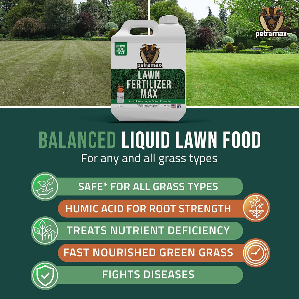 PetraMax Liquid Lawn Fertilizer for Lawns Concentrate - Liquid Fertilizer for Lawns, Food for Grass - 16-4-8 High