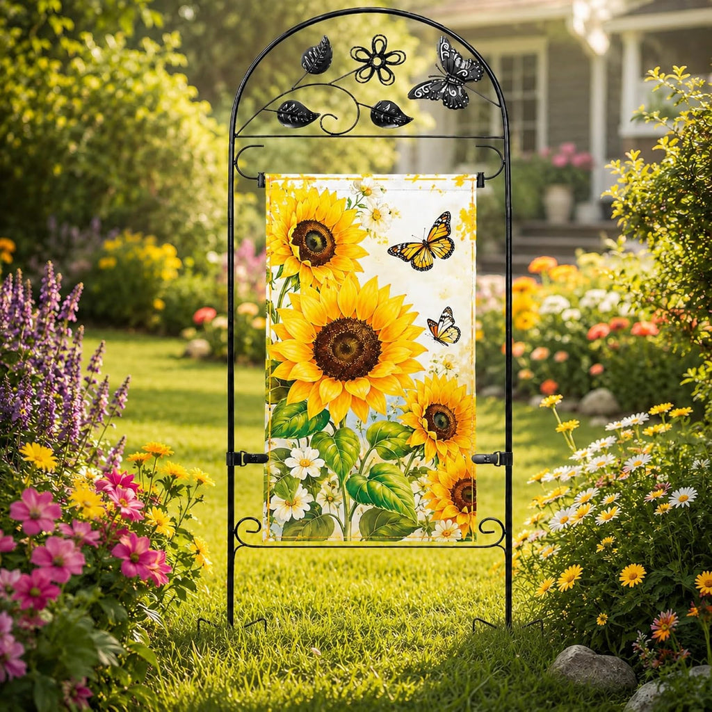 AceList Garden Flag Holder Stand, Wrought Iron 8-Prong, for 12x18 | Windproof butterfly yard pole with velcro clips