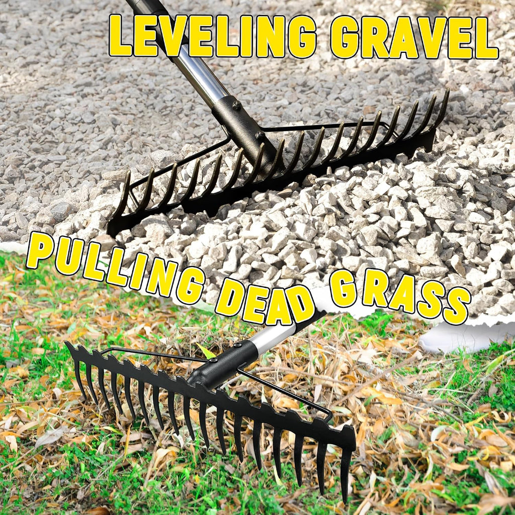 Bow Rake, 68-Inch Adjustable Handle Garden Rake with 17 Steel Tines, Heavy Duty Dual-Sided Metal Rake Landscape