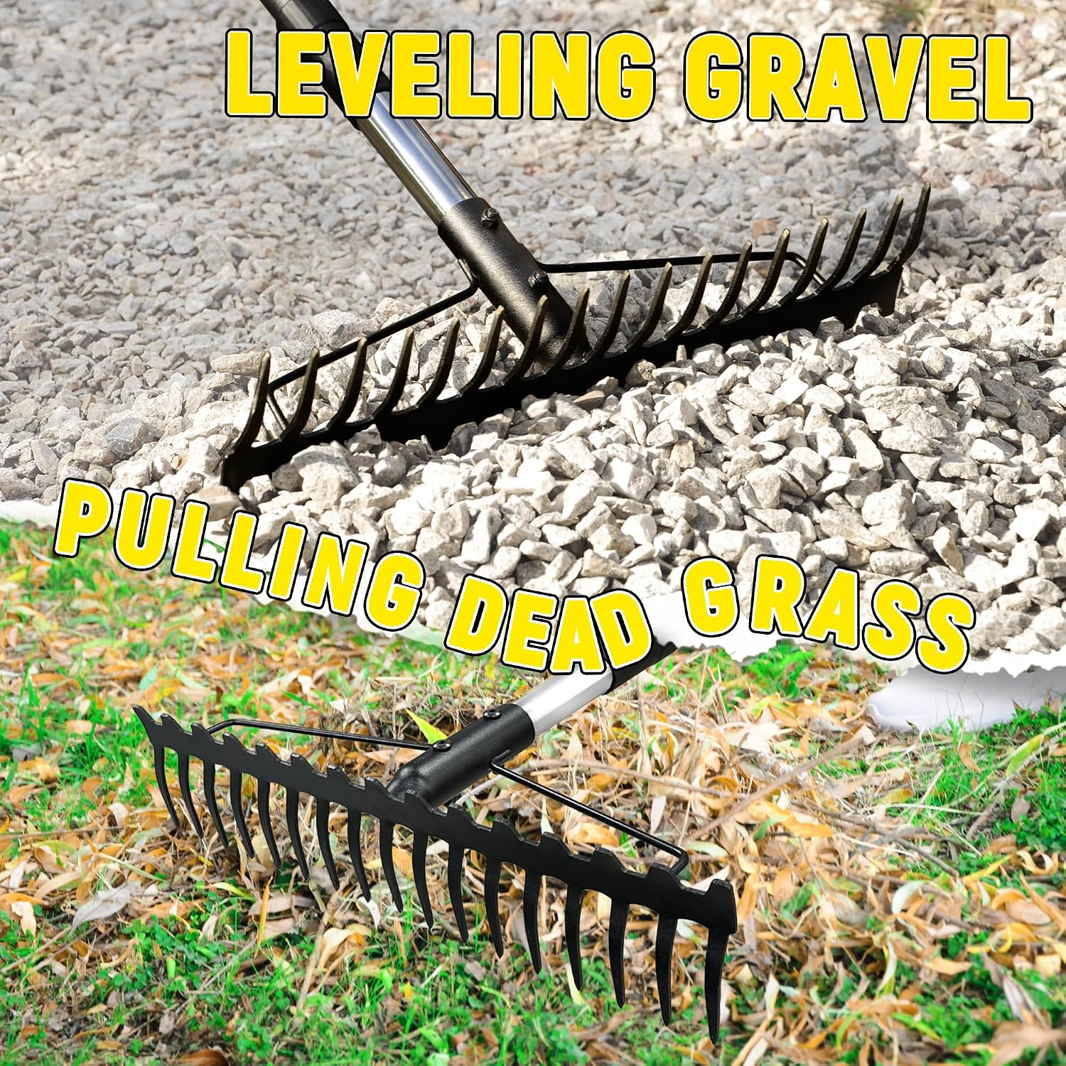 Bow Rake, 68-Inch Adjustable Handle Garden Rake with 17 Steel Tines, Heavy Duty Dual-Sided Metal Rake Landscape