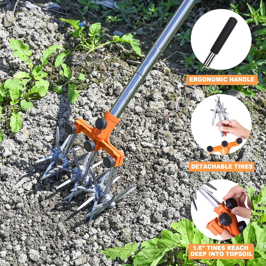 BARAYSTUS Rotary Cultivator Garden Rotary Tiller Adjustable Stainless Steel Poles Hand Tiller for Soil Mixing or