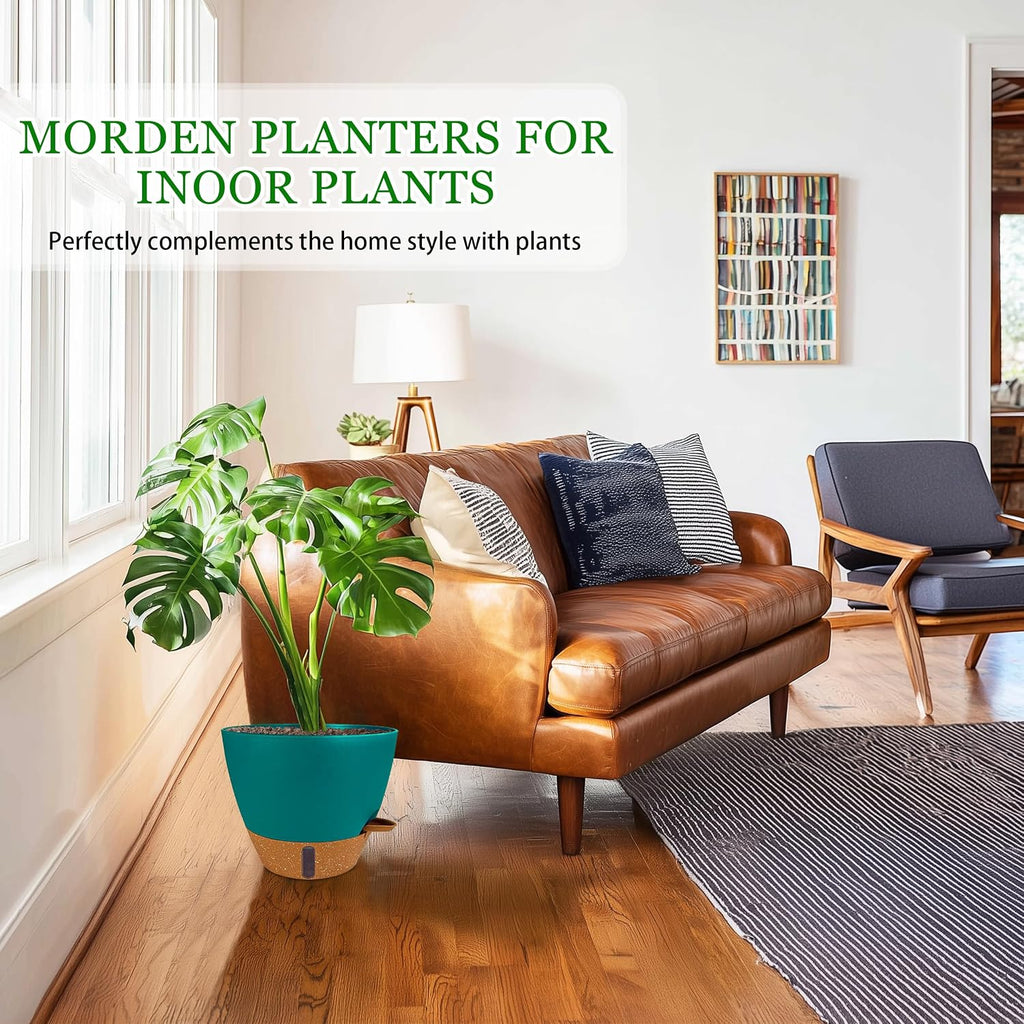 2 Pack 10 inch Plant Pots, Plastic Self Watering Planters | Drainage Holes, Deep Reservoir, Water Level Indicator