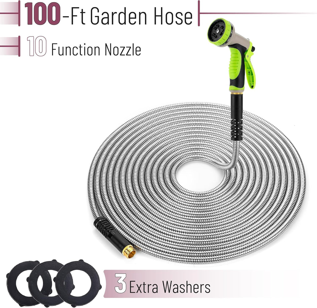UNCO- Metal Garden Hose with 10 Functions Spray Nozzle, 100 Feet, No Kink | Stainless Steel, Durable Flexible Water