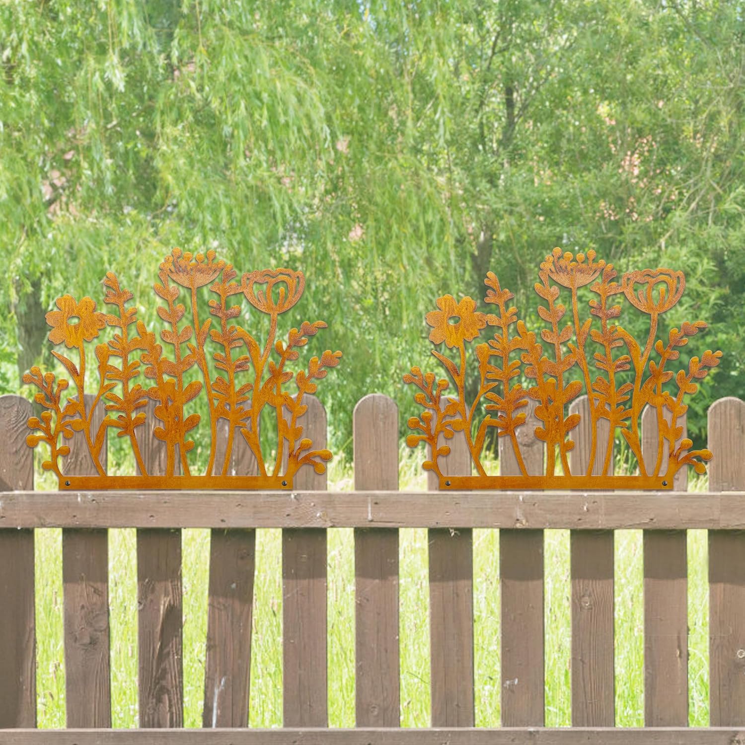 Decorative Wild Flowers Stakes Set of 2, Rusty Metal Flower for Outside | Metal Flowers Yard Art 29 x 14.0 inches