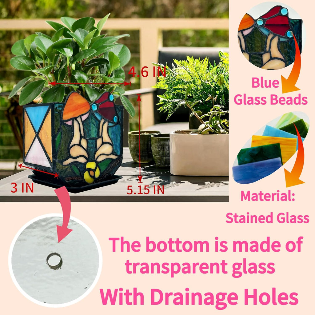 Mushroom Lady Body Plant Pots,Flower Pot with Drainage Hole, Stained Glass Mushroom Lady Yoga Pose Decoration