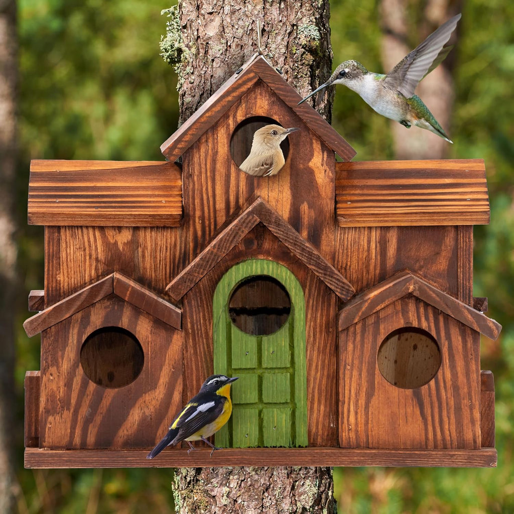 MIXUMON Bird House Outdoor, 6-Room Wooden Birdhouse for Outdoors & Outside, Carbonized Pine Wood Bird Houses with 1.57”