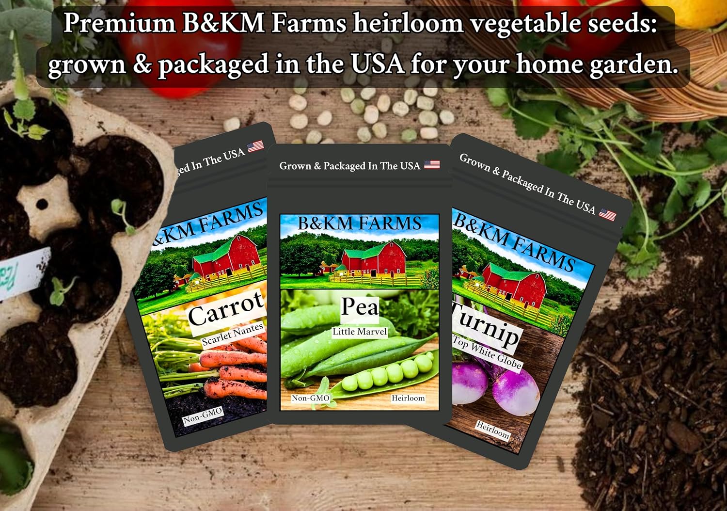 B&KM Farms Heirloom Vegetable Seeds Variety Pack – 20 Varieties, 40 Packets, 20,000+ Non-GMO Seeds – Water-Resistant