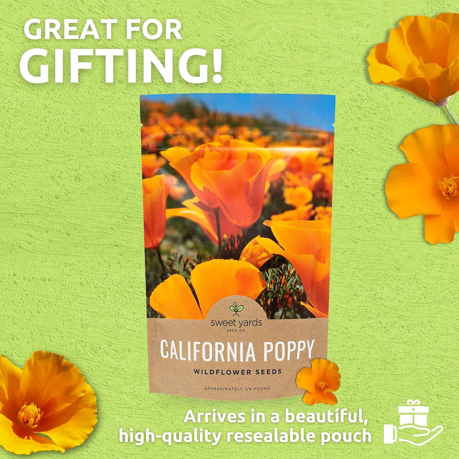 California Orange Poppy Wildflower Seeds - Bulk 1/4 Pound Bag - Over 80,000 Native Seeds - California State Flower!
