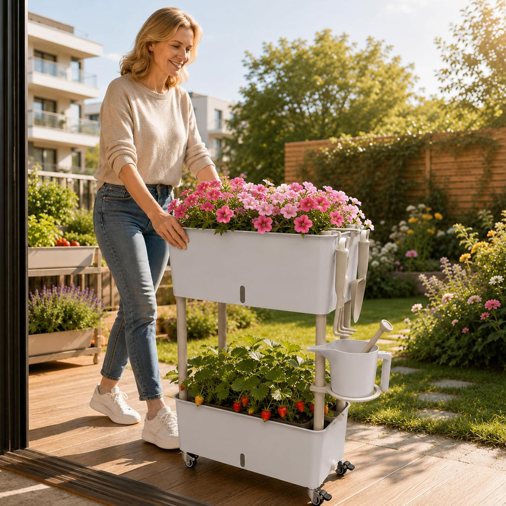 2-Tier 27.8"H Rolling Raised Garden Bed with Wheels, Self Watering Planter Box with Visible Water Level, Gray Rustproof
