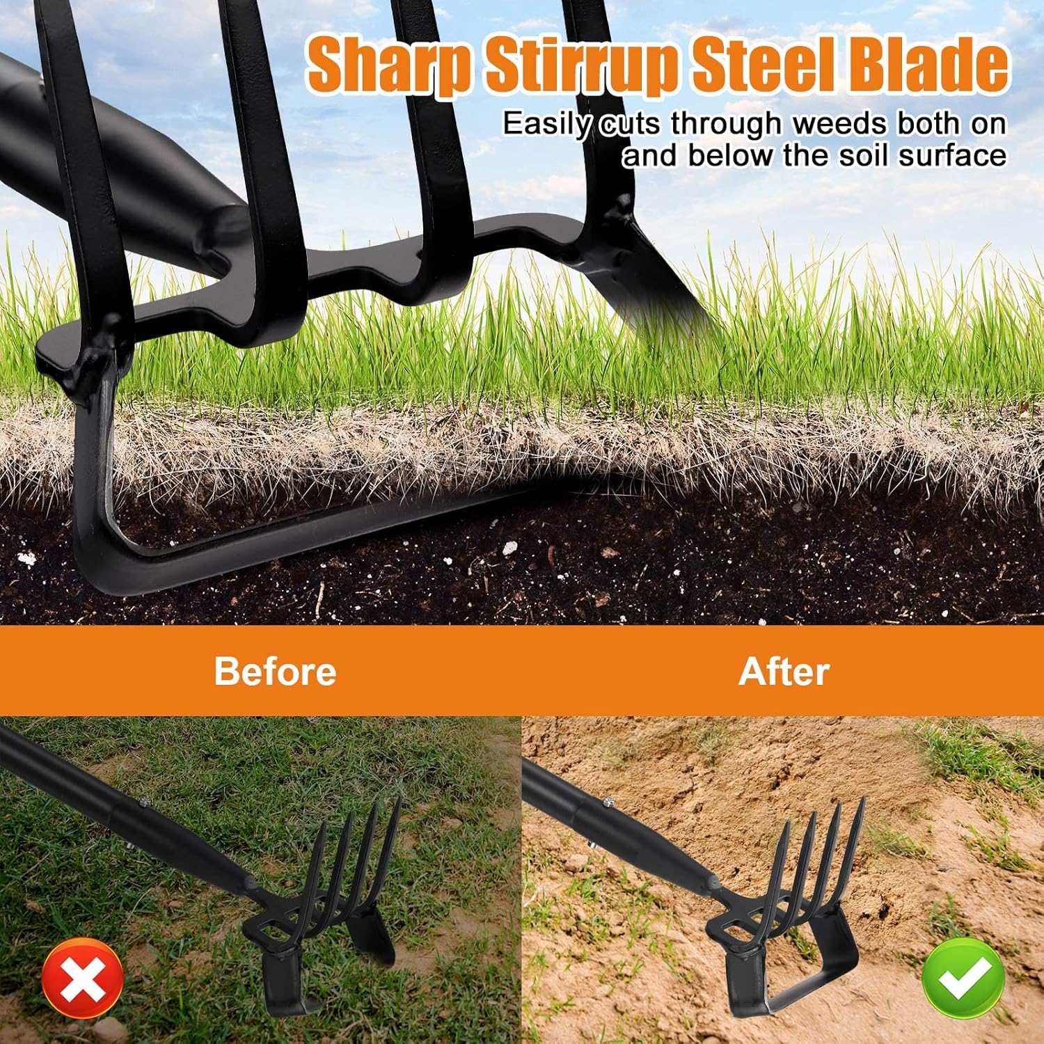 Garden Hoe With Rake, 2-In-1 Stirrup Hoe with 4-Tine Cultivator,Heavy Duty 82 Inch Long Handle Scuffle Loop Hoe For