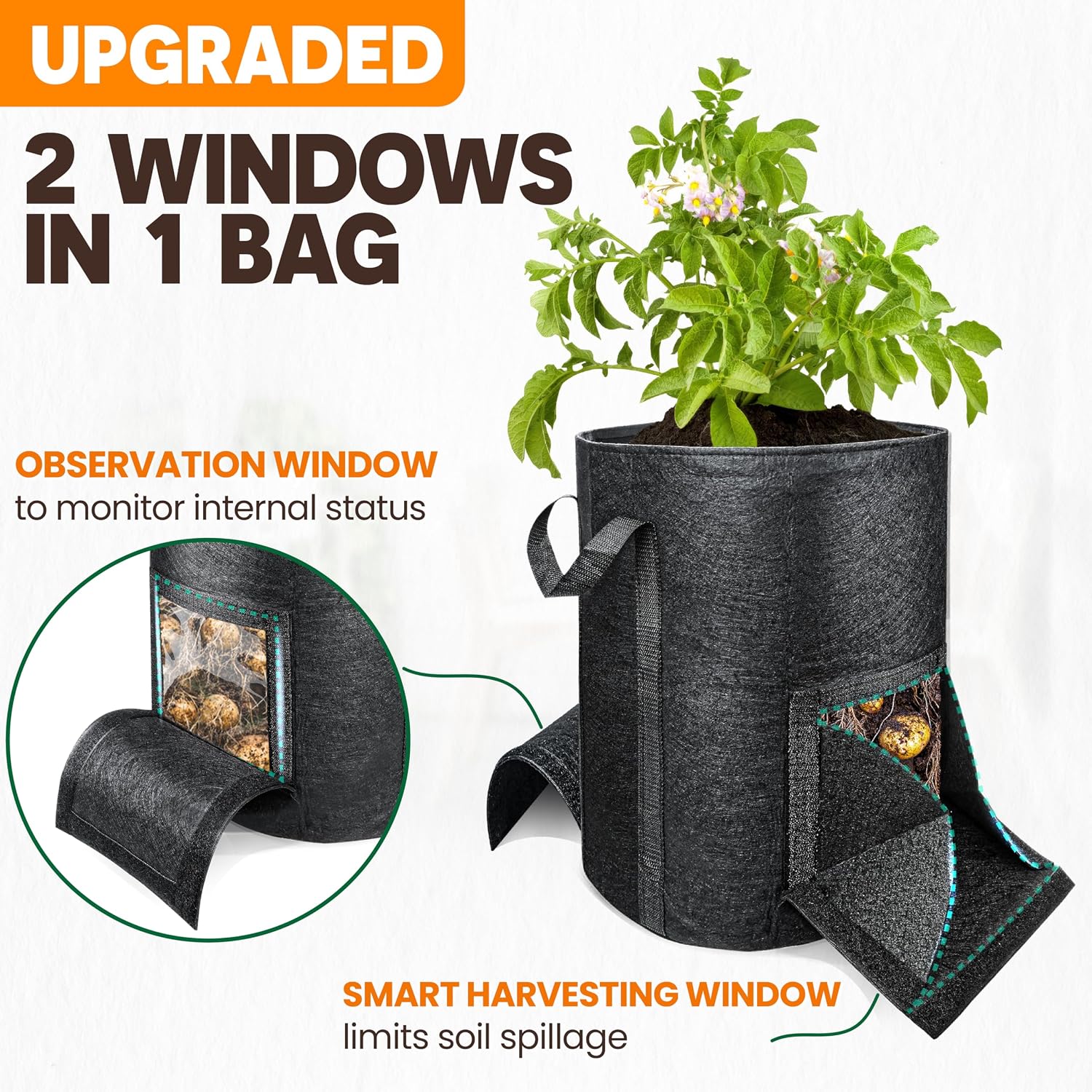 4PCS 15-Gallon Potato Grow Bag-Harvest & Visible Window Garden Planting Bag | Black Plant Grow Bag with Reinforced