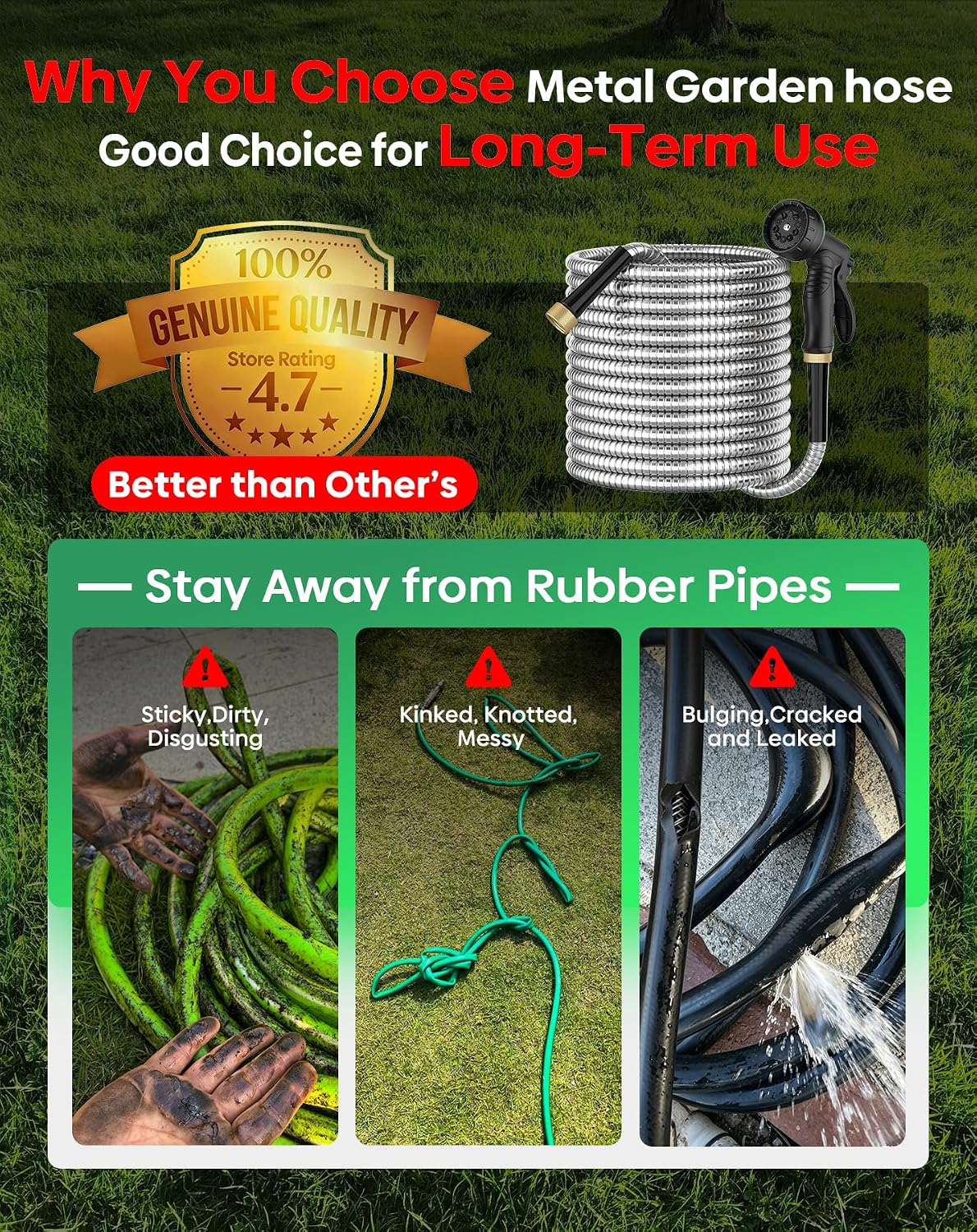 BlueGarden Metal Garden Hose 50 ft with 10 Function Nozzle,No Kinking,Flexible,Heavy Duty & Lightweight Water
