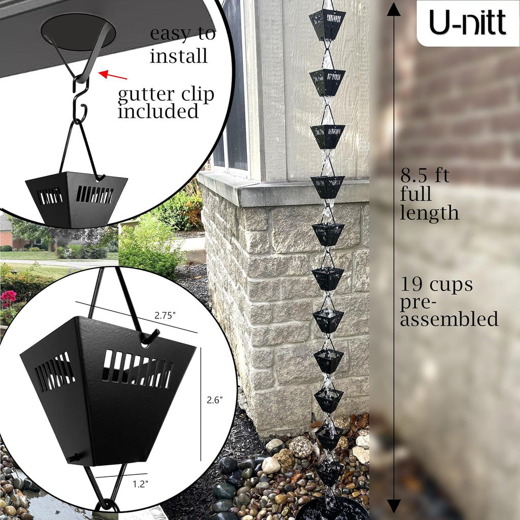 U-nitt Rain Chain Water Collection for Gutters Rainwater Catcher & Diverter, 8.5 FT Chains for Outside Garden, Black