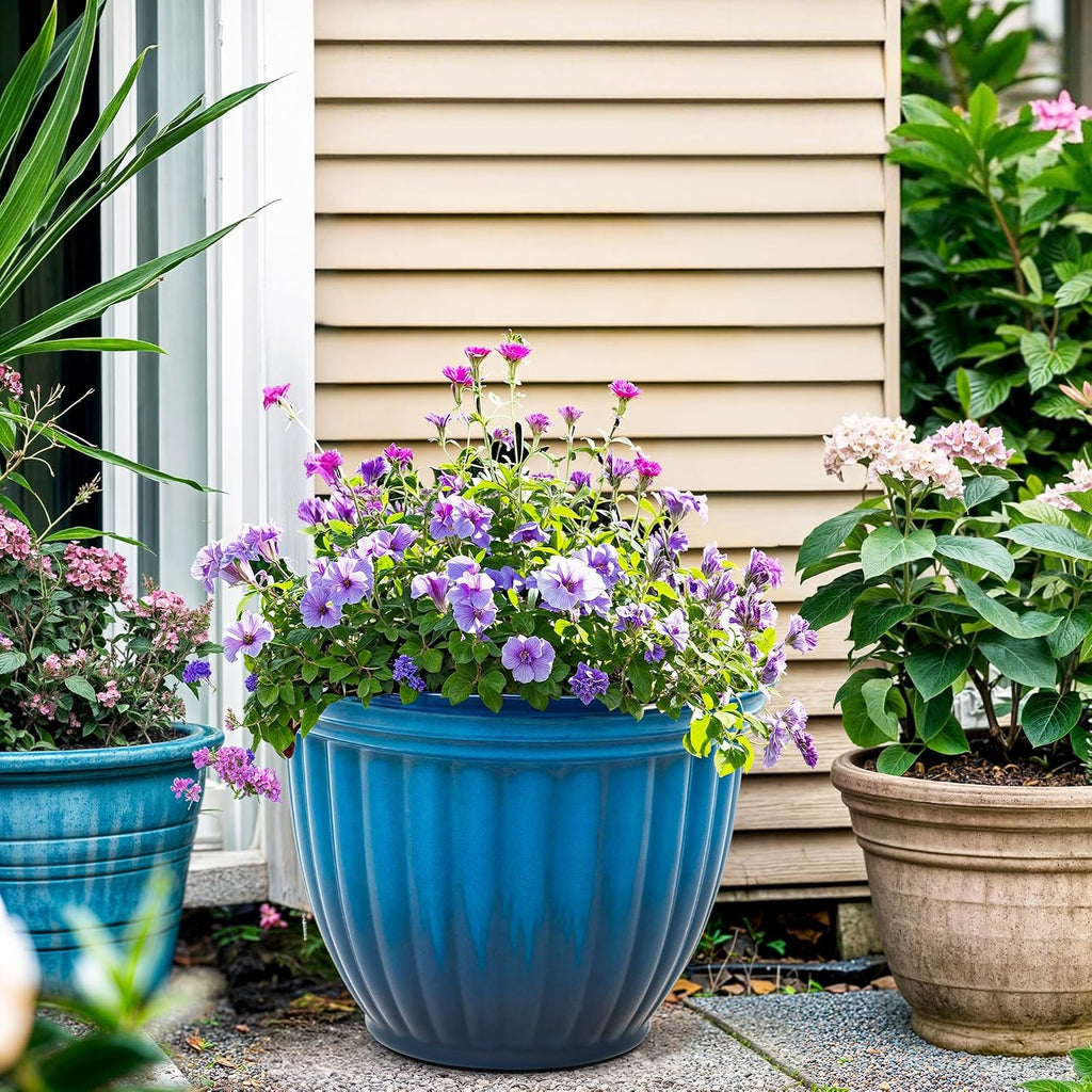 Autodaya 15" Large Planters for Outdoor Plants Set of 2 Plastic Flower Pots | Gradient Blue Finish and 3D Textures
