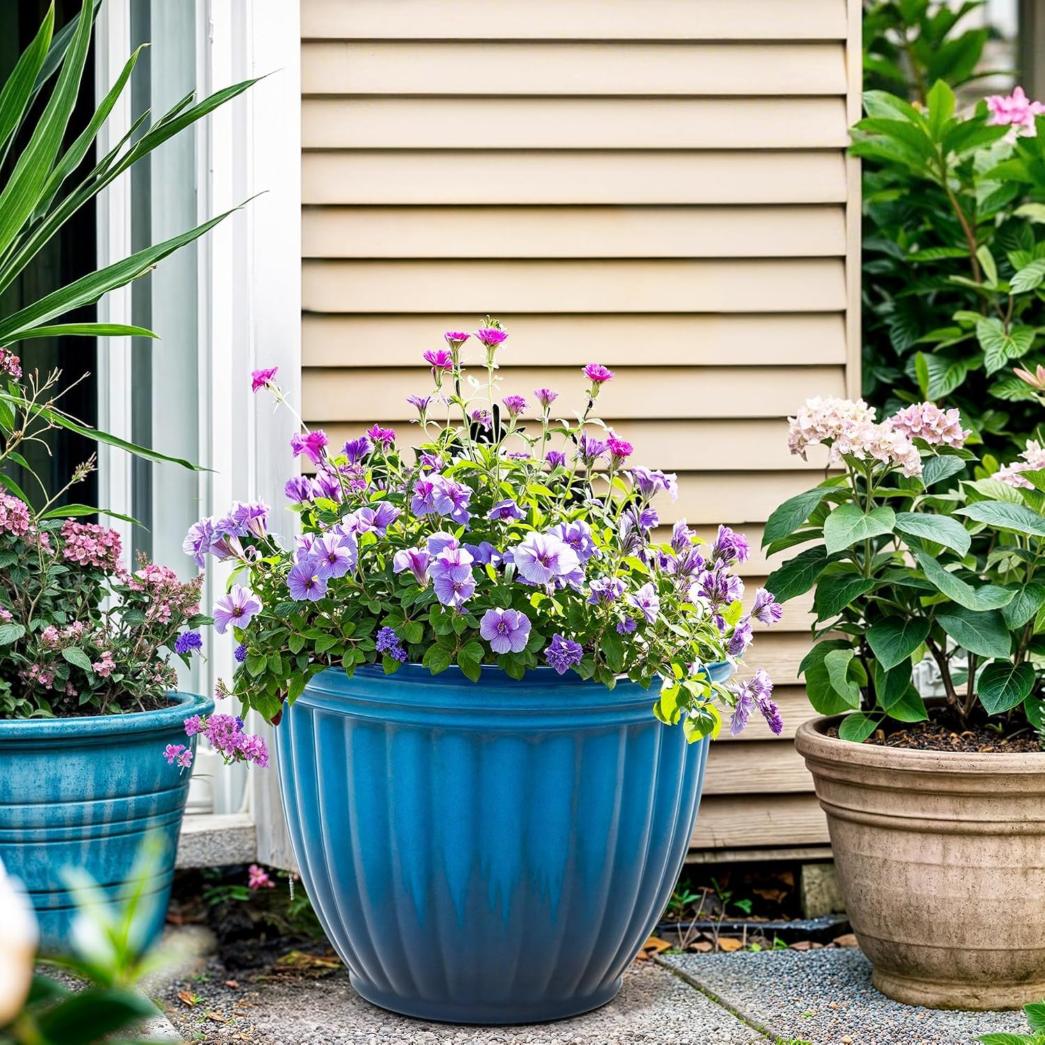 Autodaya 15" Large Planters for Outdoor Plants Set of 2 Plastic Flower Pots | Gradient Blue Finish and 3D Textures