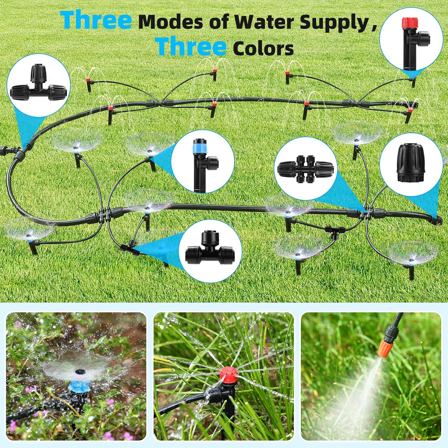 234FT Drip Irrigation System - Garden Watering System with Adjustable Three Spray Patterns with 1/2" Main Tube and 1/4"
