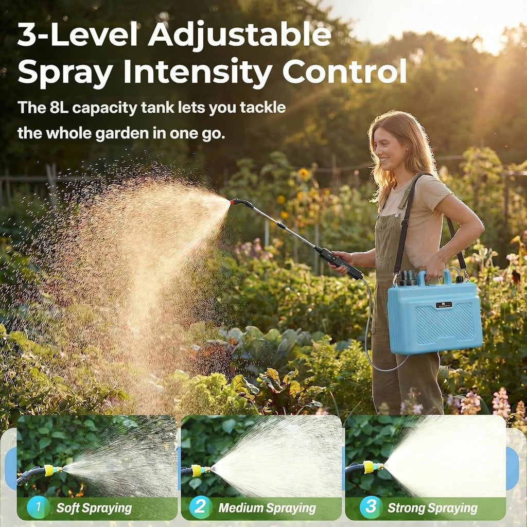 2 Gallon Battery Powered Sprayer, Upgrade Electric Garden Sprayer with 4 Types of Nozzles, 3-Level Adjustable Speeds