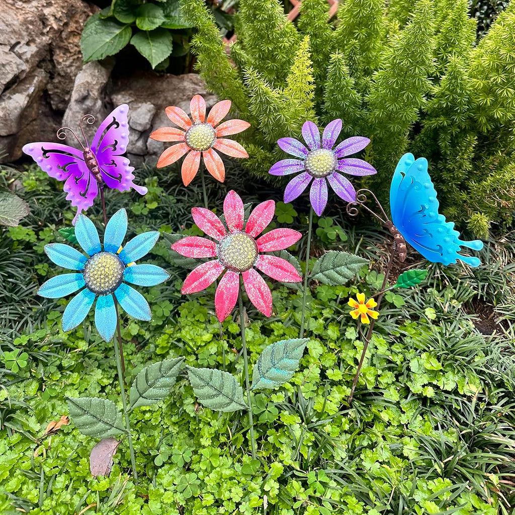 6Pack Metal Flowers for Outside，16.15" Decorative Garden Stakes | Metal Flowers &Butterfly Stakes For Spring Decor