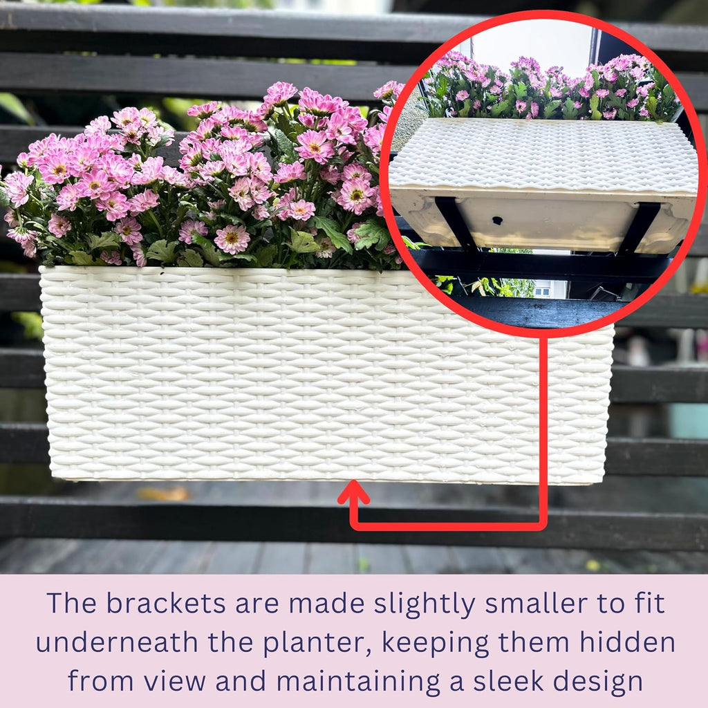 LaLaGreen Deck Railing Planter Box (20 Inch, 4 Pack) White Rectangular Window Flower Boxes with Bracket, Self Watering