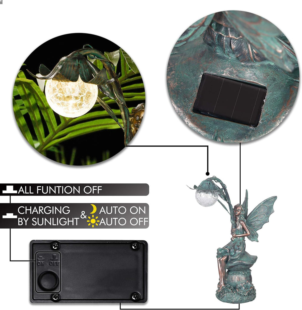 TERESA'S COLLECTIONS Garden Statues Fairy Sculptures & Statues, Outdoor Solar Light Garden Decor Resin Patina Bronze