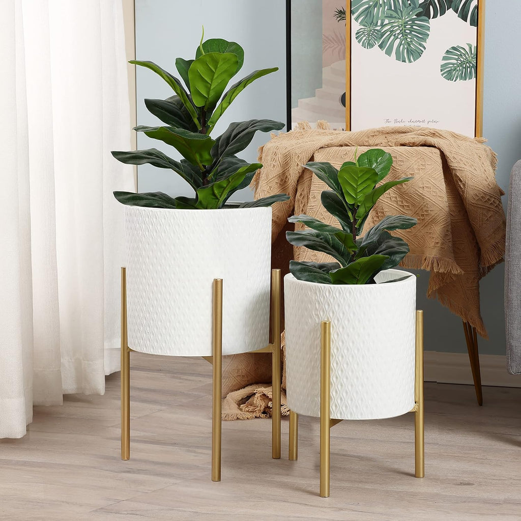 LuxenHome Indoor Planters, Set of 2 White Planter with Gold Metal Stand | Planters for Indoor Plant, Indoor Plant Pots