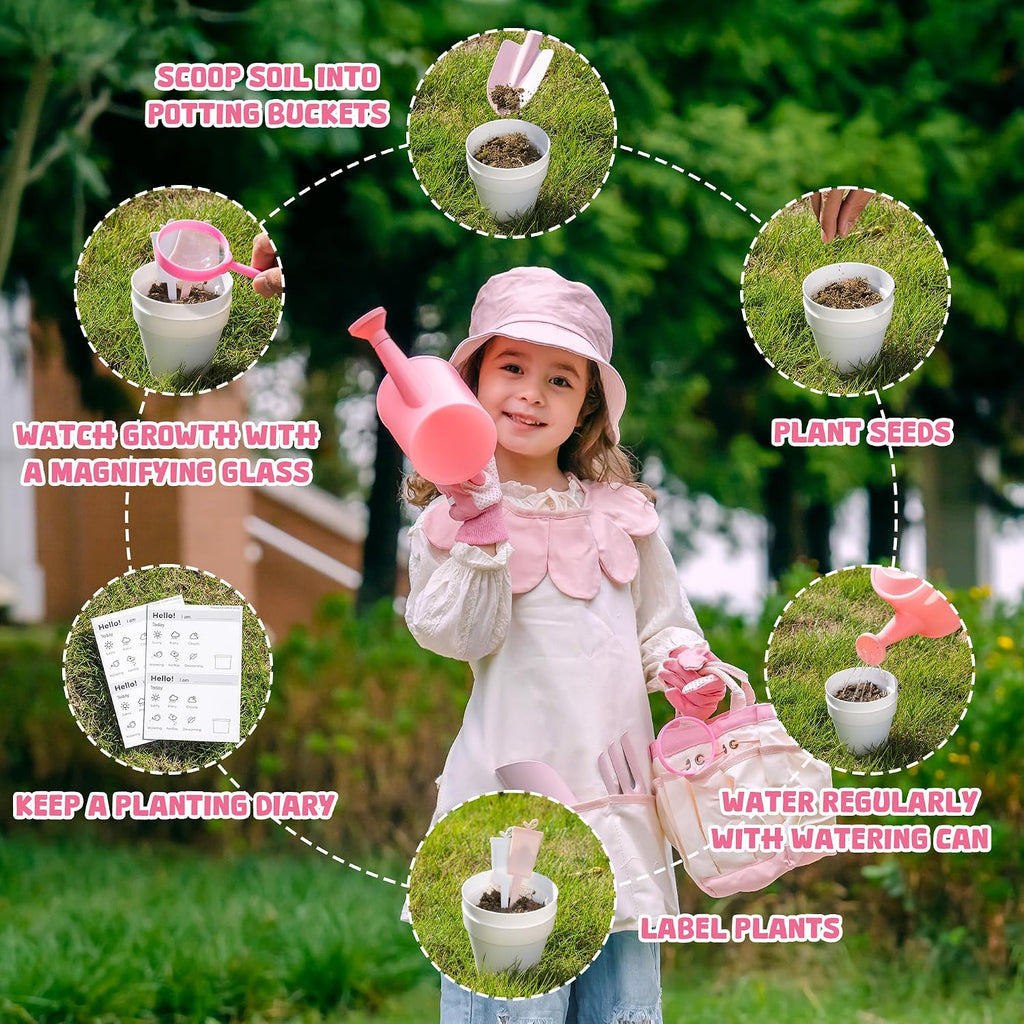 ROBOTIME Kids Gardening Set, 17PCS Kids Gardening Tools for Girls, Toddler Gardening Set with Hat, Apron, Gloves