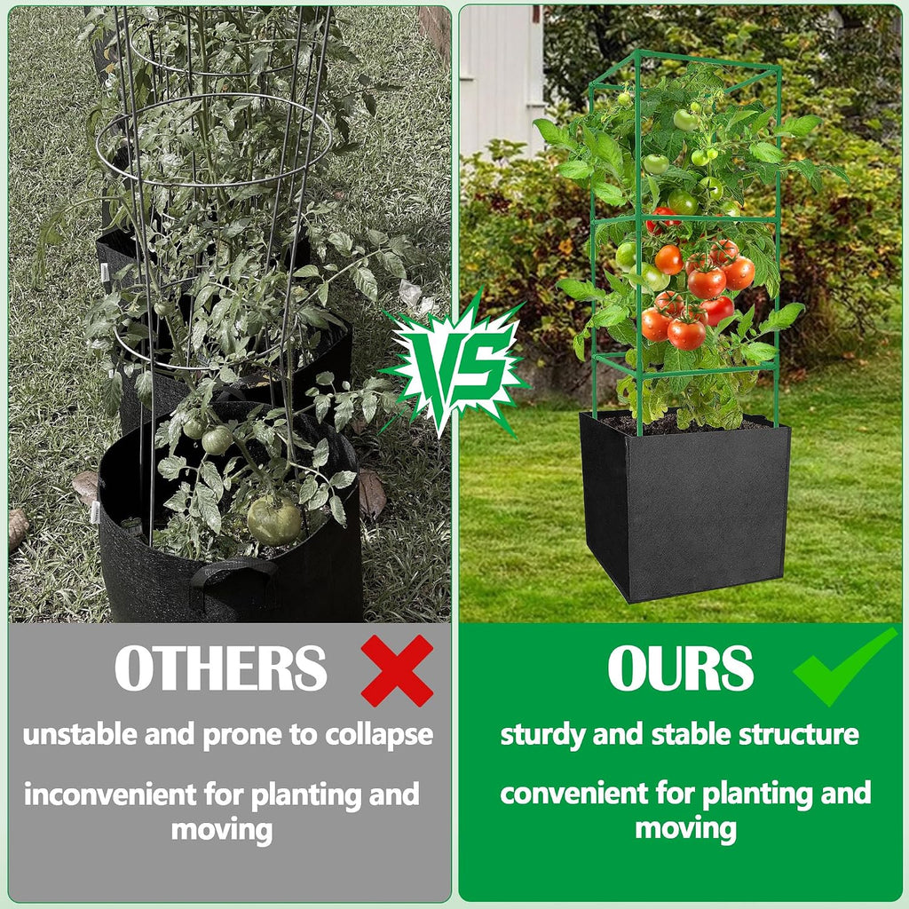 3 Packs 47 x 16 x 16 Inch Garden Tomato Cages with 17 Gallon Grow Bags- Square Plant Support Trellis Assembled with