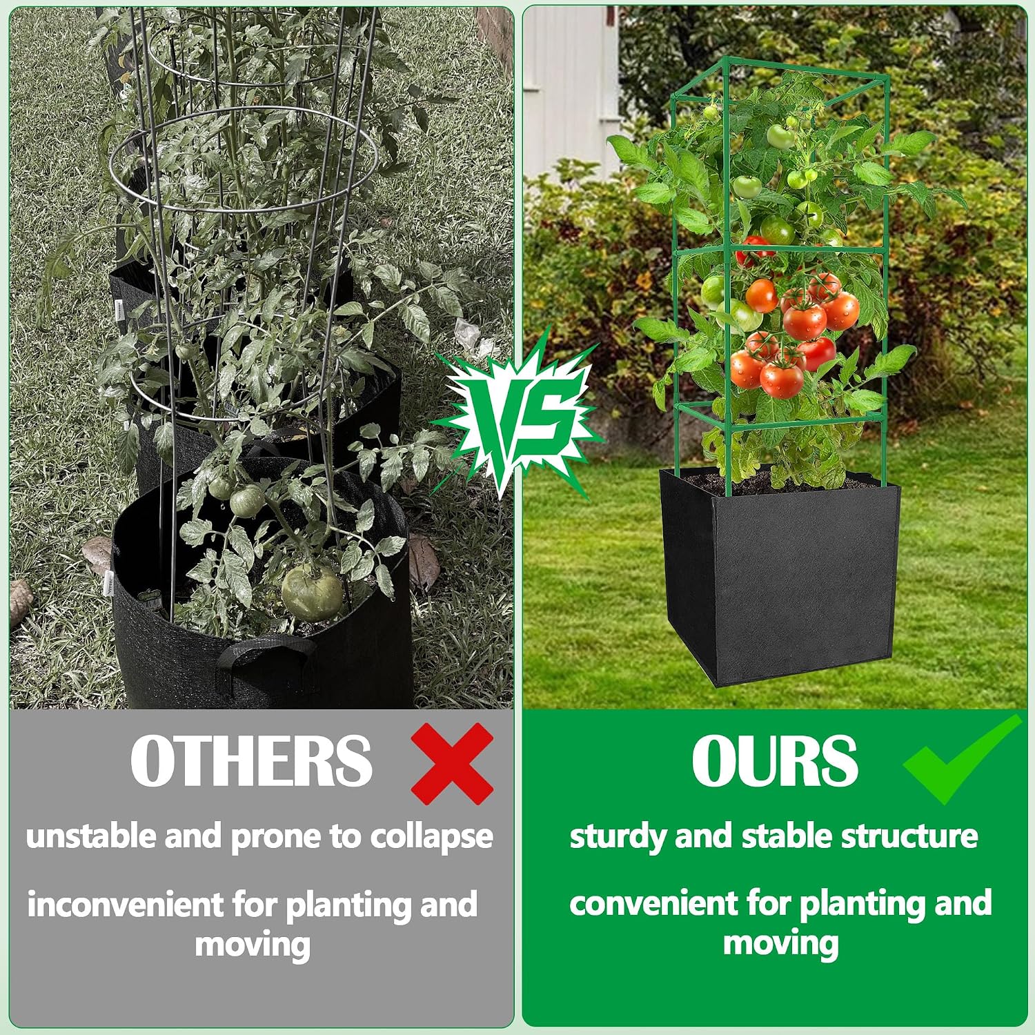3 Packs 47 x 16 x 16 Inch Garden Tomato Cages with 17 Gallon Grow Bags- Square Plant Support Trellis Assembled with