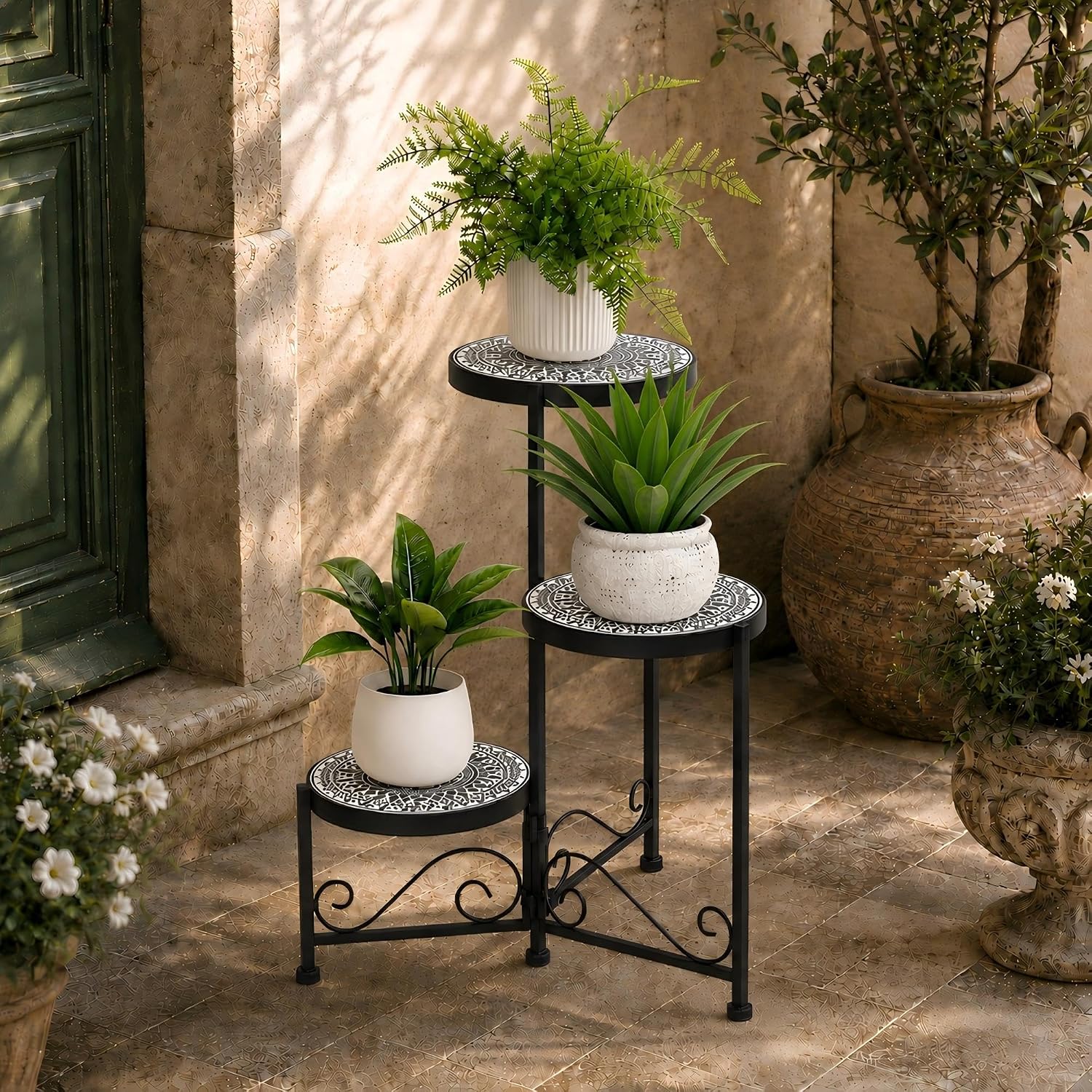 3 Tier Mosaic Corner Plant Stand Foldable Display Shelf Black | Tall Plant Holder Space-Saving Corner Design Perfect