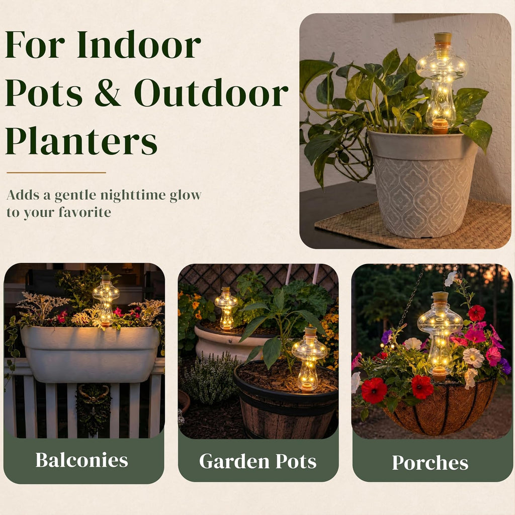 11 oz Plant Self Watering Globes Top Fill, Mushroom Plastic Self Watering Bulbs, LED Night Light Automatic Waterer with