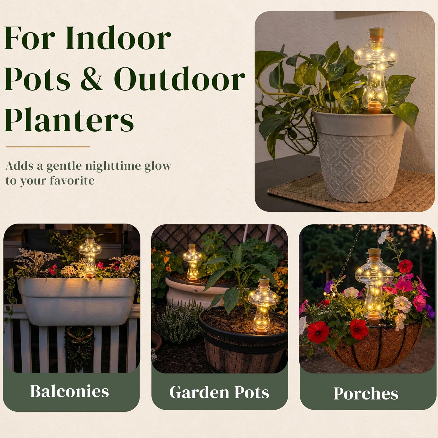 11 oz Plant Self Watering Globes Top Fill, Mushroom Plastic Self Watering Bulbs, LED Night Light Automatic Waterer with