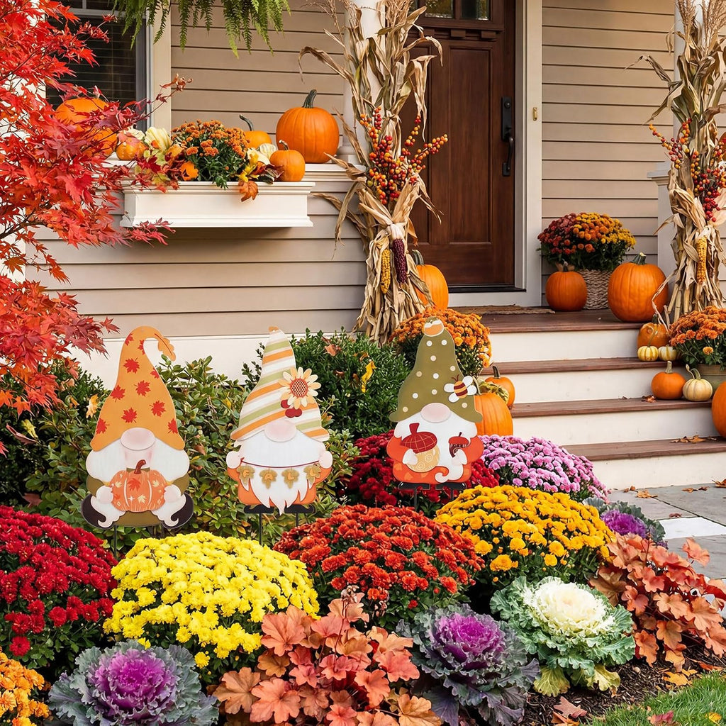 3 Pcs Fall Gnome Stakes Metal Autumn Garden Decor for Outside | Yard Signs Outdoor Decor Harvest Welcome for