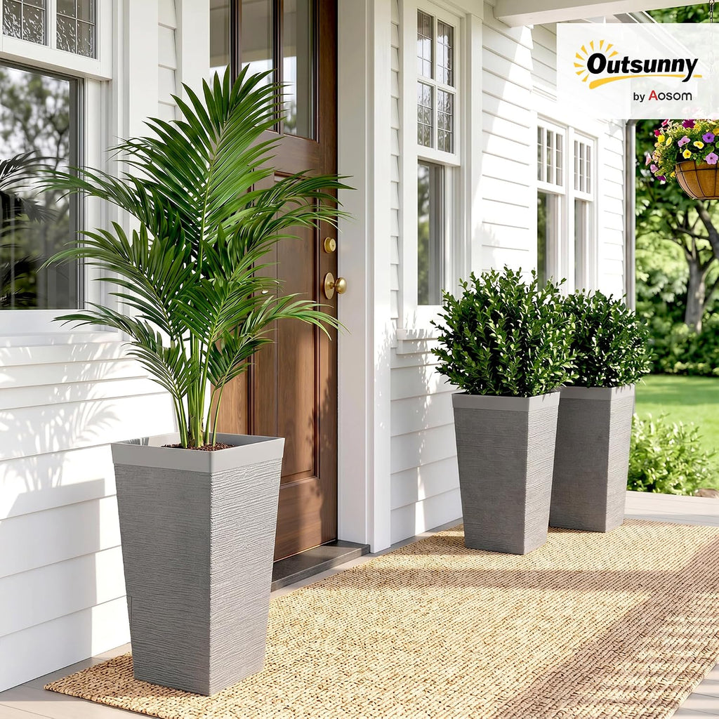Outsunny 22.8 Inch Tall Planters for Outdoor Plants Set of 3, Gray | Wheels, Plastic Flower Pots, Stone Finish