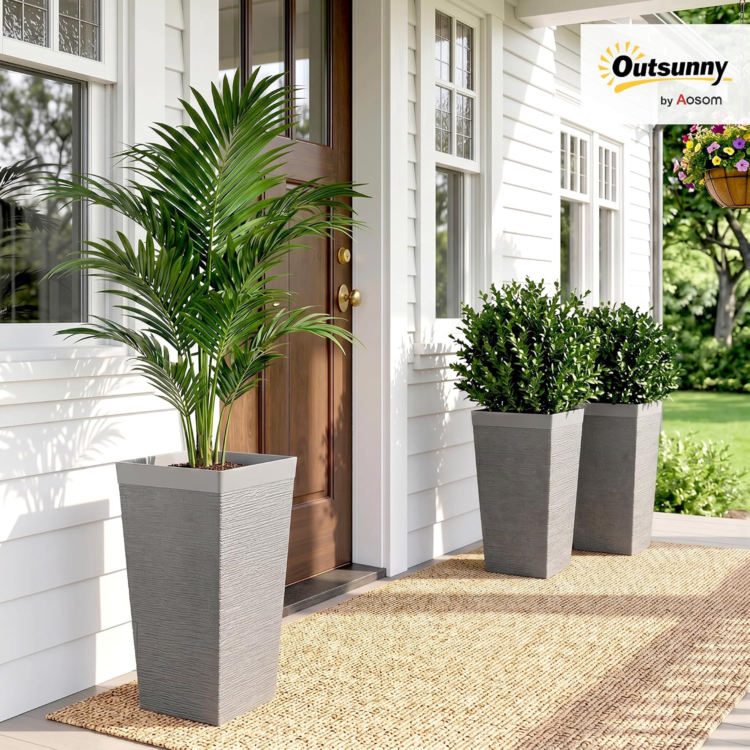 Outsunny 22.8 Inch Tall Planters for Outdoor Plants Set of 3, Gray | Wheels, Plastic Flower Pots, Stone Finish